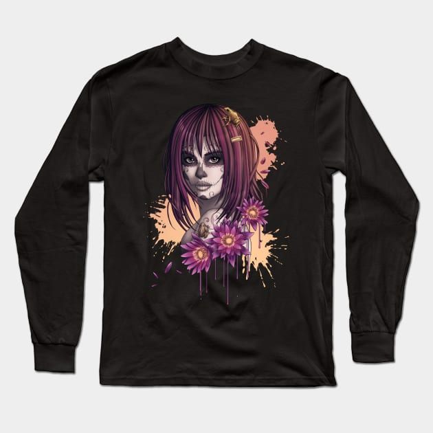 Candy Skull Girl with Flowers and Frogs Long Sleeve T-Shirt by bomazu